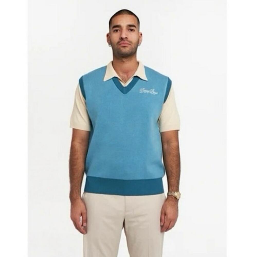 Bogey Boys Macklemore Golf Blue Knit Cotton V-Neck Sweater Vest, Size Large